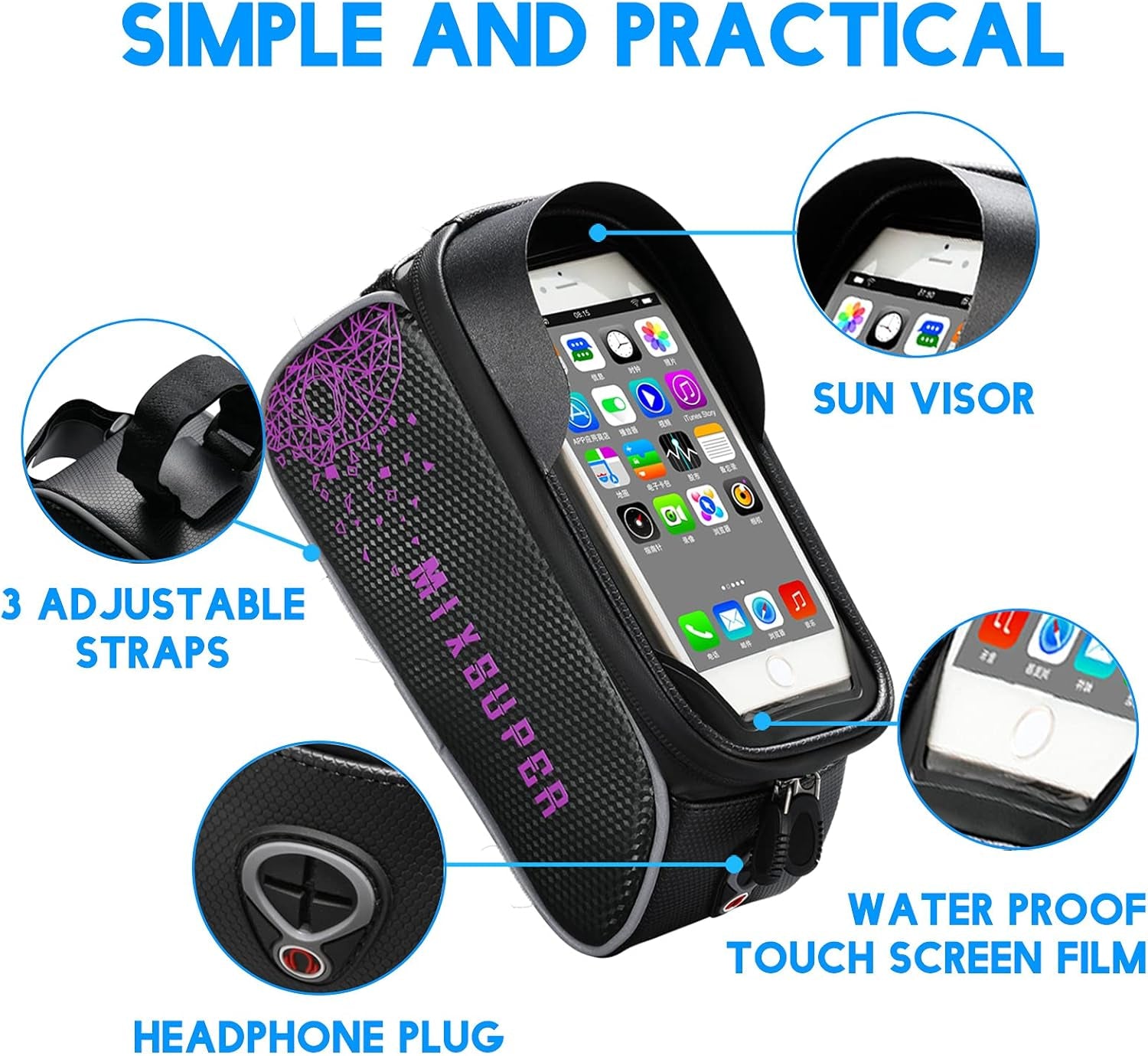 Waterproof Bike Top Tube Bag, Bike Phone Front Frame Bag Compatible with Phone under 6.7"