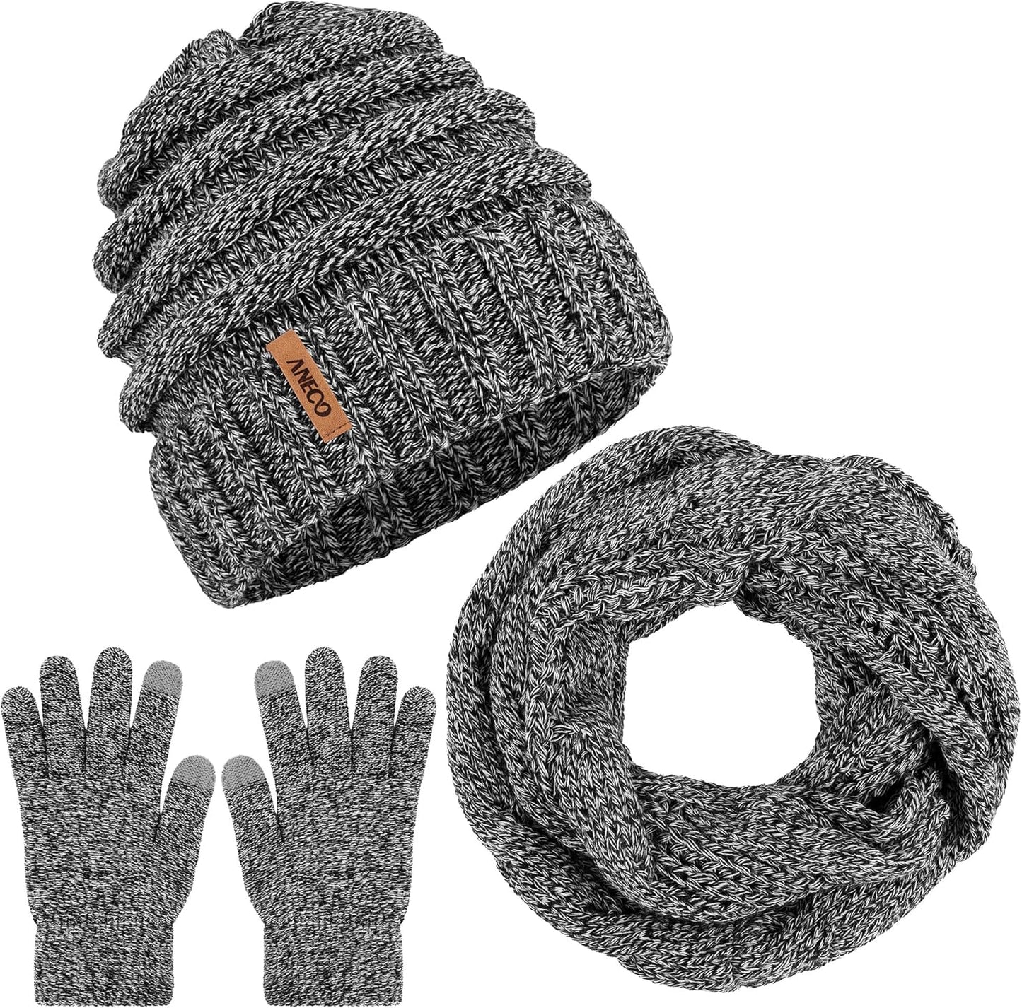 Winter Warm Knitted Scarf Beanie Hat and Gloves Set Men & Women'S Soft Stretch Hat Scarf and Mitten Set