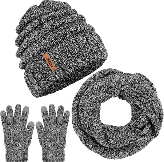 Winter Warm Knitted Scarf Beanie Hat and Gloves Set Men & Women'S Soft Stretch Hat Scarf and Mitten Set