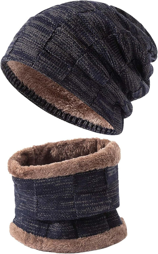 2Pieces Mens Winter Beanie Hat Fleece Lined Scarf Set Knit Warm Thick Skull Cap Neck Warmer for Men & Women