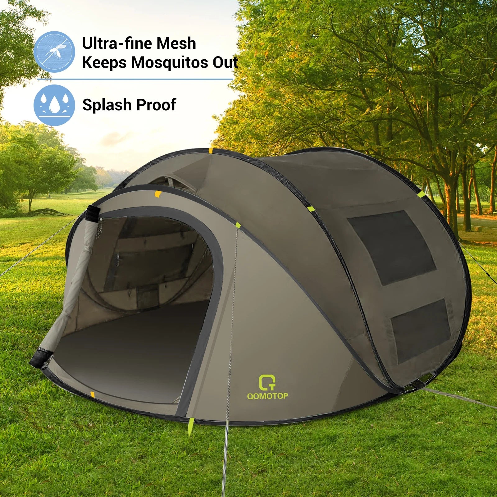 Instant Tent 4-Person Camp Tent, Automatic Setup Pop up Tent, Waterproof, Huge Side Screen Windows, Green