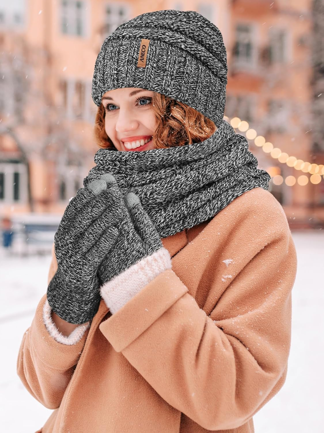 Winter Warm Knitted Scarf Beanie Hat and Gloves Set Men & Women'S Soft Stretch Hat Scarf and Mitten Set